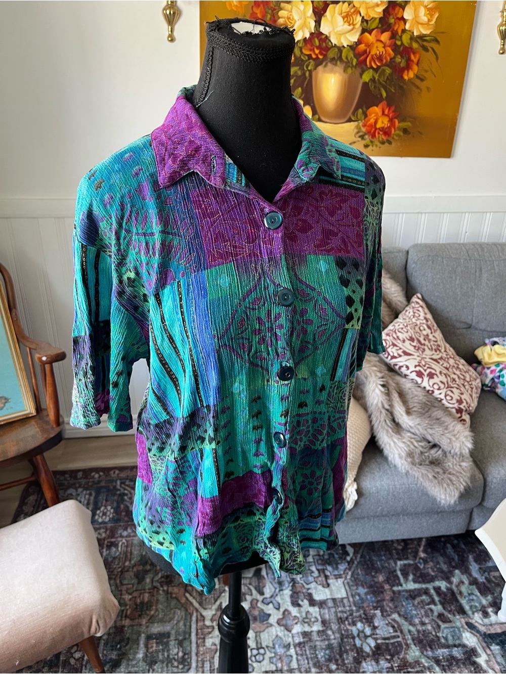 Women’s Vintage Teal, Purple & Black Button Front Shirt Size M fit - Picture 2 of 8
